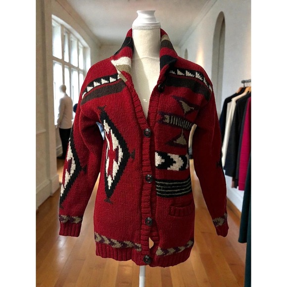 Lost Horizons Sweaters - Lost Horizons Hand Knit Wool Fleece Lined Southwestern Shawl Collar Cardigan S